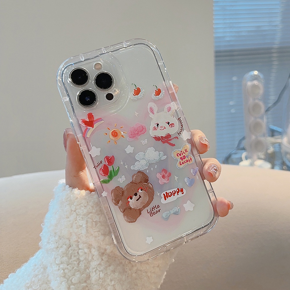 IPHONE Ins Hewan Lucu Lukisan Minyak Beruang Dan Kelinci Shockproof Transparan Ponsel TPU Soft Case Cover Untuk Iphone11 12 13 14 PRO MAX