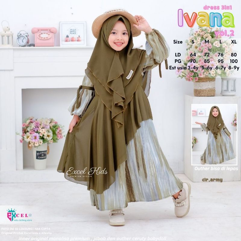 IVANA DRESS 3in1 ORI EXCEL KIDS | Dress+Outer+Khimar Anak