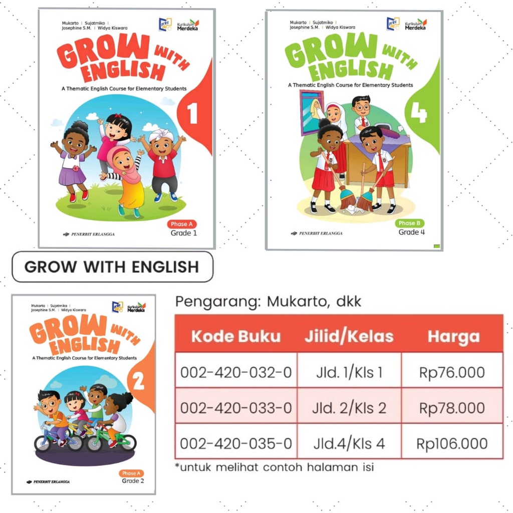 Buku Pelajaran Grow with english kelas 1,2 &amp; 4 SD/MI Kurikulum Merdeka Erlangga