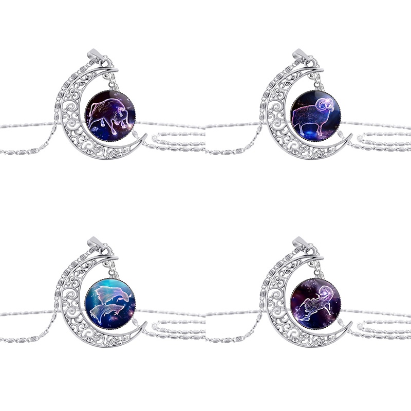 12 Zodiak Bulan Sabit Kubah Kaca Kalung Fashion Perhiasan Gemini Cancer Leo Virgo Libra Scorpio Sagitarius Capricorn