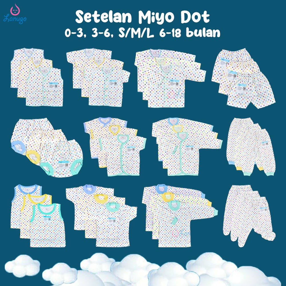 MIYO Polkadot 3 Pcs Baju Kutung Pendek Panjang Celana Pop Pendek Panjang Buka Kaki Tutup Kaki 0-3 3-