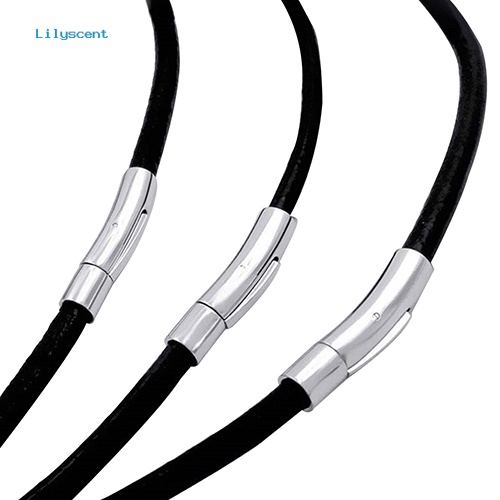 [LS] Pria Cowok Hitam Bulat Faux Kulit Cord Stainless Steel Lock Kalung Perhiasan