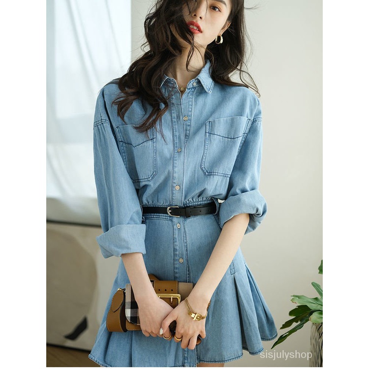 [✅BISA COD]  #Sisjuly# Gaun denim yang melangsingkan pinggang wanita dengan rok pendek A-line temper