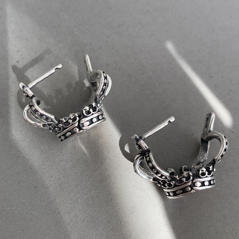 Vintage925 Sterling Silver Salib Berongga Mahkota Hoop Stud Earrings Gesper Untuk Wanita Lucu Perhiasan Halus