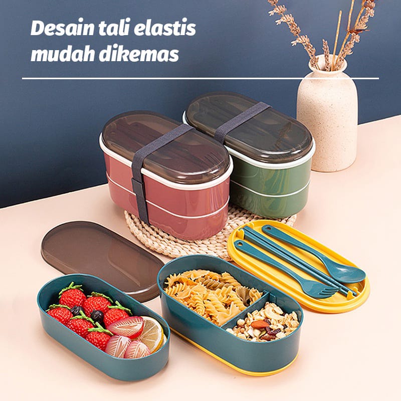 LUNCH BOX BENTO 2 SUSUN KOTAK BEKAL MAKAN SIANG 700 ML FREE SENDOK GARPU SUMPIT