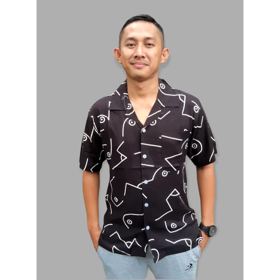 ARKANA - Kemeja Hawaii Printing Pria Bahan Katun Rayon Premium - Hitam