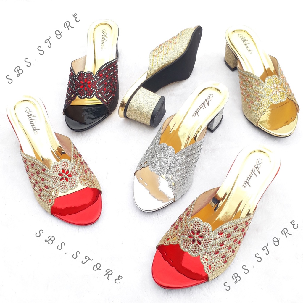 Sandal Wanita High Heels Pesta Mewah Motif Payet 05 Terbaru/Sendal Selop Wedges Hak Tahu 5cm Kekinian/Kondangan Pernikahan Pengantin