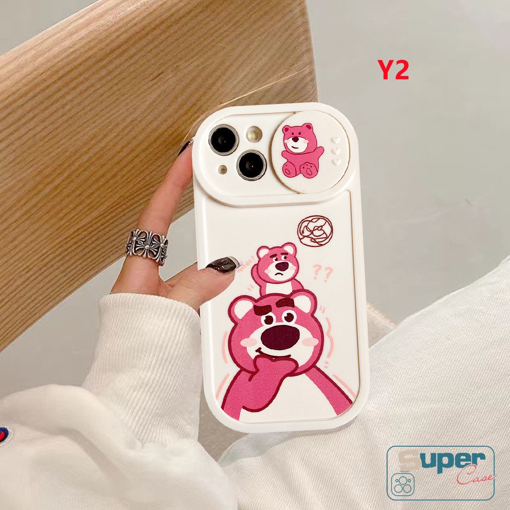 Kartun Manyo Strawberry Bear Winnie the Pooh Couple Case Kompatibel Untuk IPhone 7plus 11 13 12 Pro Max7 8 Plus XR X XS MAX Lembut TPU Silicon Pull Push Window Penutup Pelindung Kamera