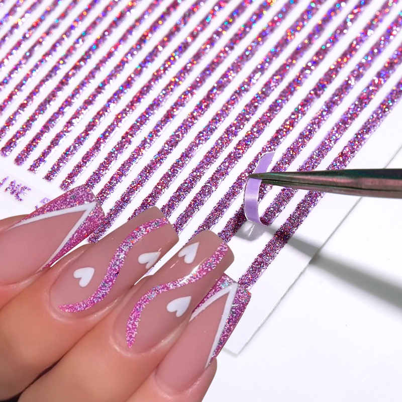 3d Garis Stiker Kuku Hologram Perak Rose Gold Logam Garis Huruf Decals Curve Gel Nails Art Sliders Manicure