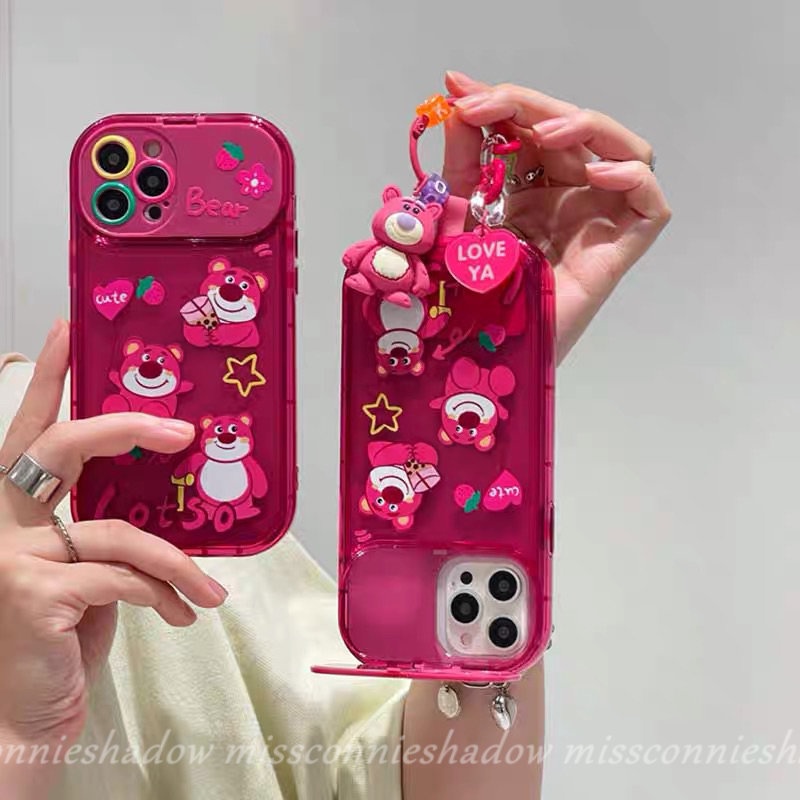 IPHONE Casing Ponsel Cermin Make Up Flip Kreatif Kompatibel Untuk Iphone11 7 8 14 Plus XR 13 12 11 14 Pro MAX XS MAX X SE Rose Red Lucu Kartun Strawberry Bear Manyo Soft TPU Silicon Case