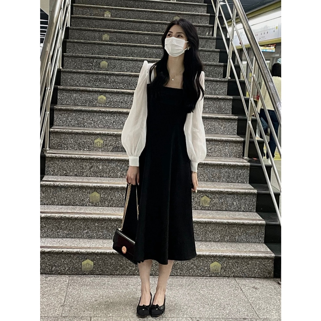 Midi Hitam Dress Korean Style Casual Dress Lengan Panjang Vintage Mesh Stitched Long Sleeved Dress