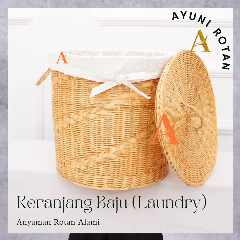 Keranjang Laundry Rotan / Keranjang Baju Kotor Dengan Tutup Dan Kain Serbaguna Anyaman Rotan Asli