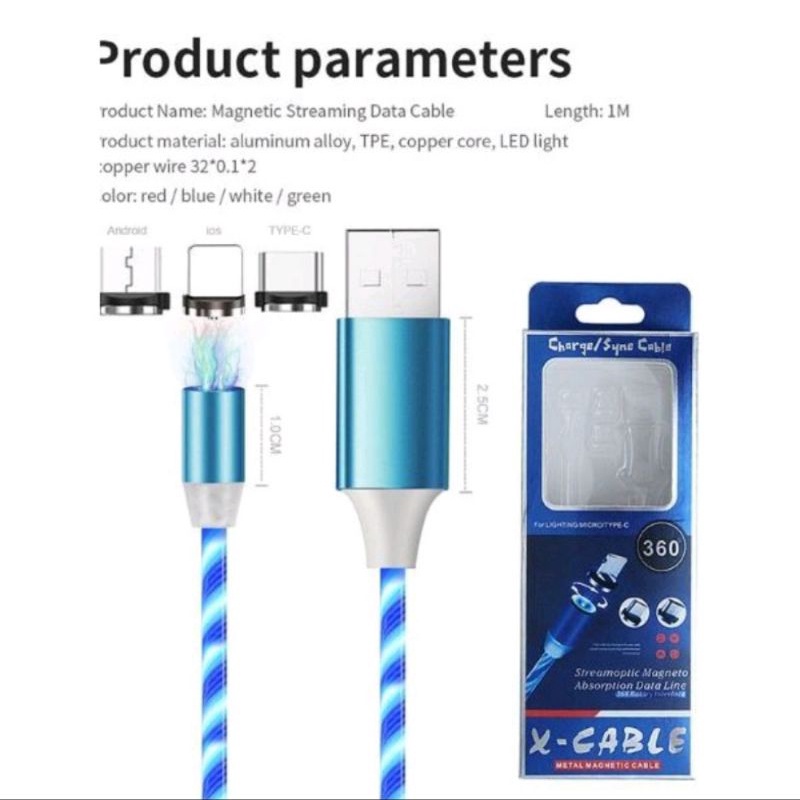 Kabel Data / Charger Magnetic 3in1 (Micro/Type-C/Lightning) Fast Charging Streamer Coloful LED