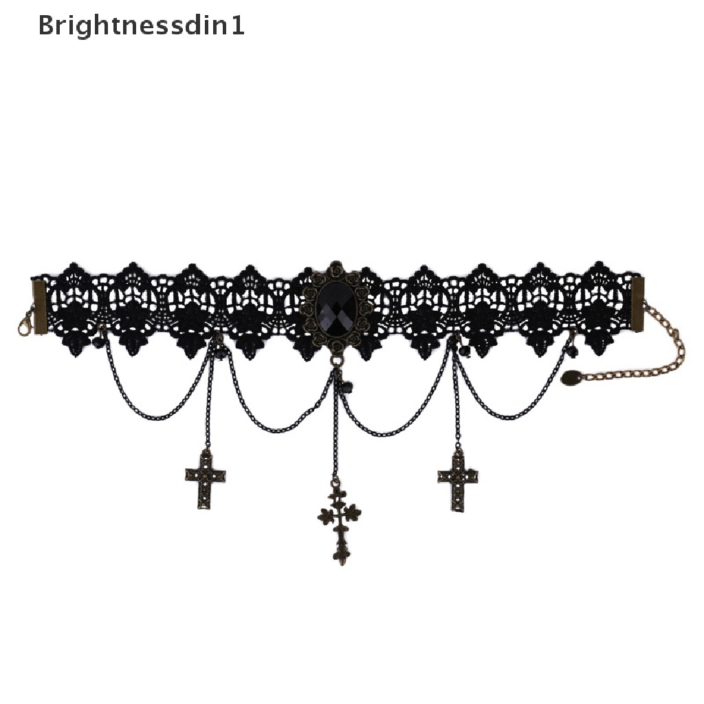 [Brightnessdin1] Gothic Chokers Adjustable Lace Choker Collar Necklace Dengan Salib Vintage Rumbai Rantai Wanita Steampunk Perhiasan Halloween Kostum Halloween Butik