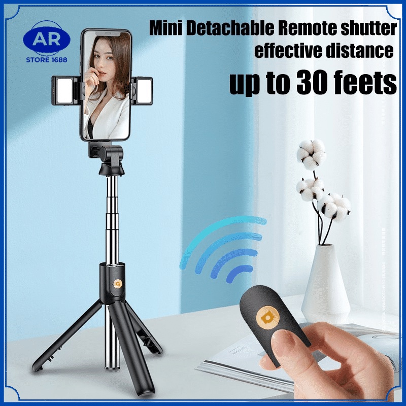 AR Selfie stick R1S tongsis 4in1 plus Remote Control Bluetooth Tripod Plus Lampu Flash