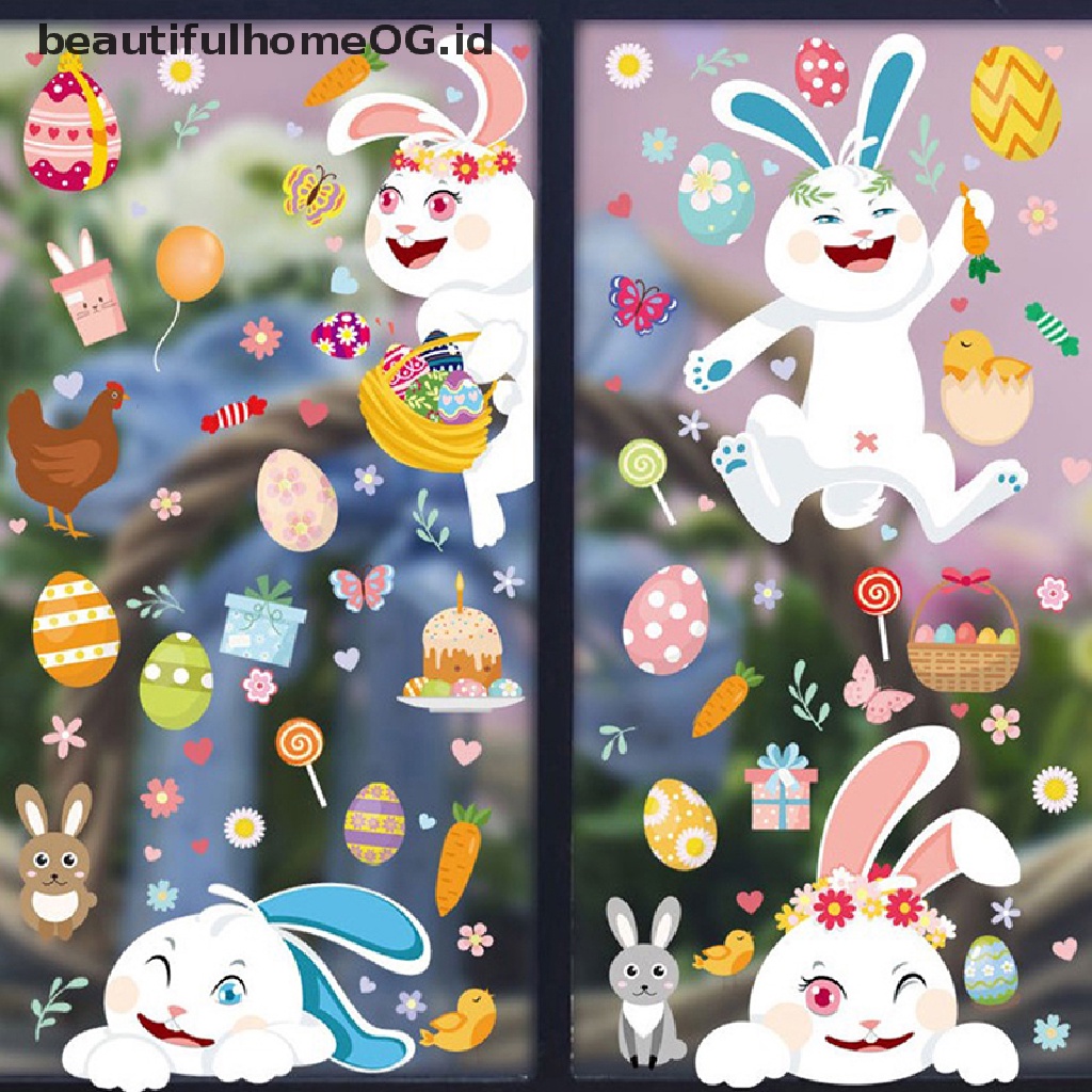 // Beautifulhomeog.id// Stiker Jendela Kaca Happy Easter Colorful Bunny Eggs Wall Sticker 25x35cm **