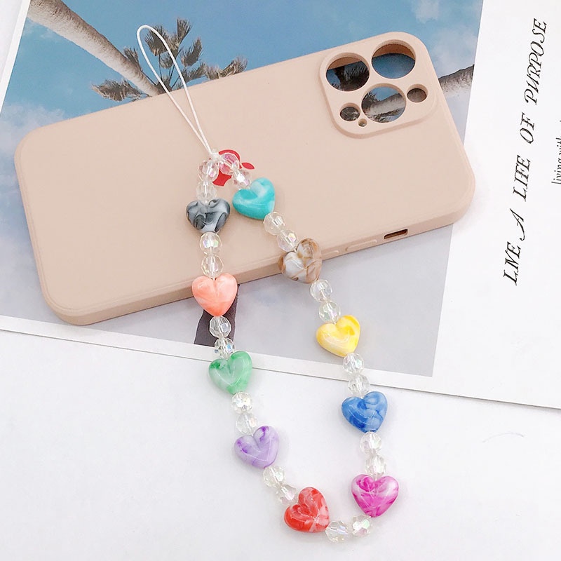 Rantai Manik-Manik Transparan Love Heart Warna Pelangi Untuk iPhone Android OPPO VIVO Huawei Xiaomi Redmi Samsung Universal Anti Hilang Tali Telepon