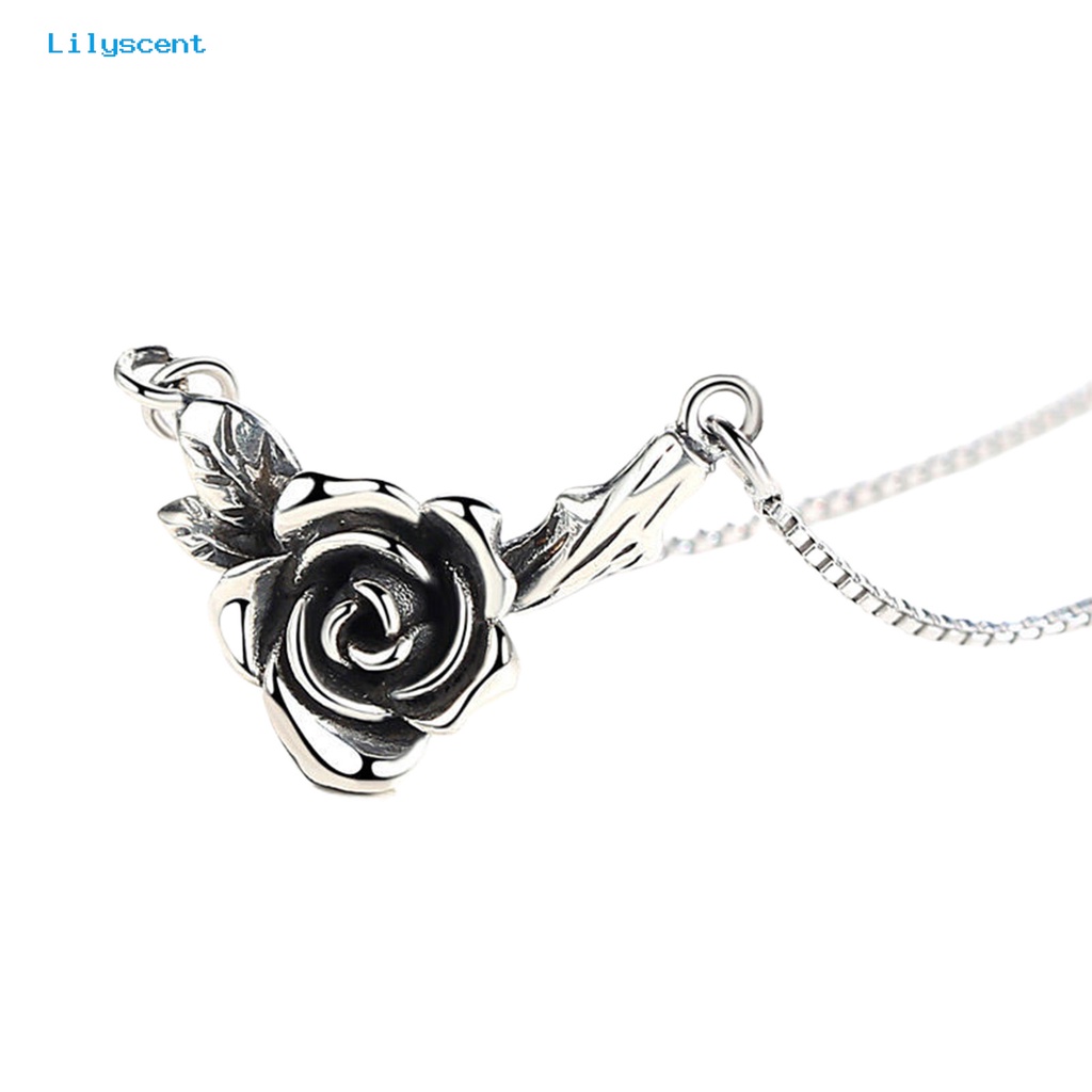 [LS] Wanita Kalung Vintage Bunga Hitam Rose Stainless Desain Lama Leher Dekorasi Warna Perak Tepi Halus Rose Liontin Kalung Pesta Perhiasan