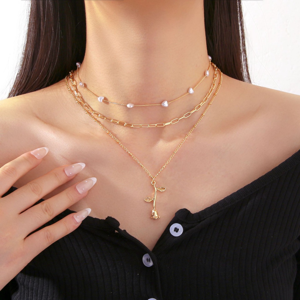 Kalung Multilayer Temperamen Sederhana Untuk Wanita Unik Mawar Imitasi Hati Mutiara Kalung Perhiasan Aksesoris Hadiah