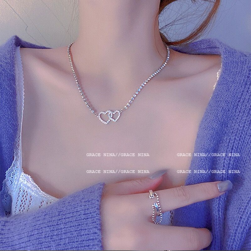 Korea Dua Hati Kalung Choker Rantai Klavikula Kristal Silver Untuk Aksesoris Perhiasan Wanita