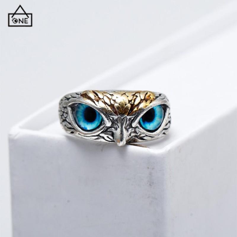 COD❤️Cincin Retro Mata Burung Hantu Kepribadian Warna Aksesoris Cincin yang Dapat Disesuaikan-A.one