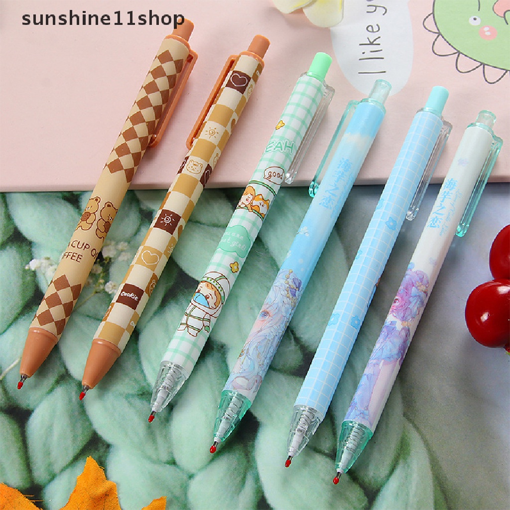 Sho 6Pcs Kawaii Gel Pen Set Kartun Tekan Bolpoin Lucu 0.5mm Hitam Tinta Pulpen Untuk Siswa Alat Tulis Kantor Perlengkapan Sekolah N