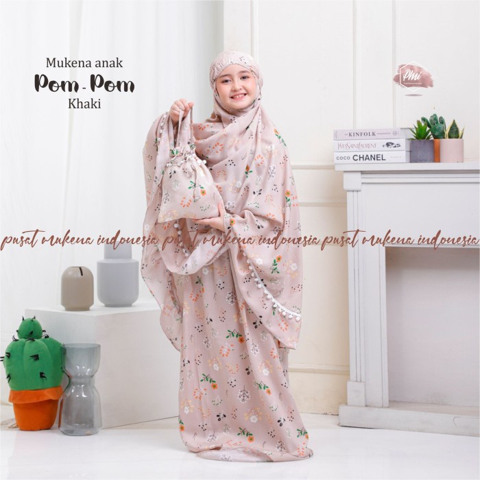 Mukena Anak Tanggung Pom-Pom - KHAKI bordir Rayon Bali murah treveling bahan katun free tas B2W4 2in