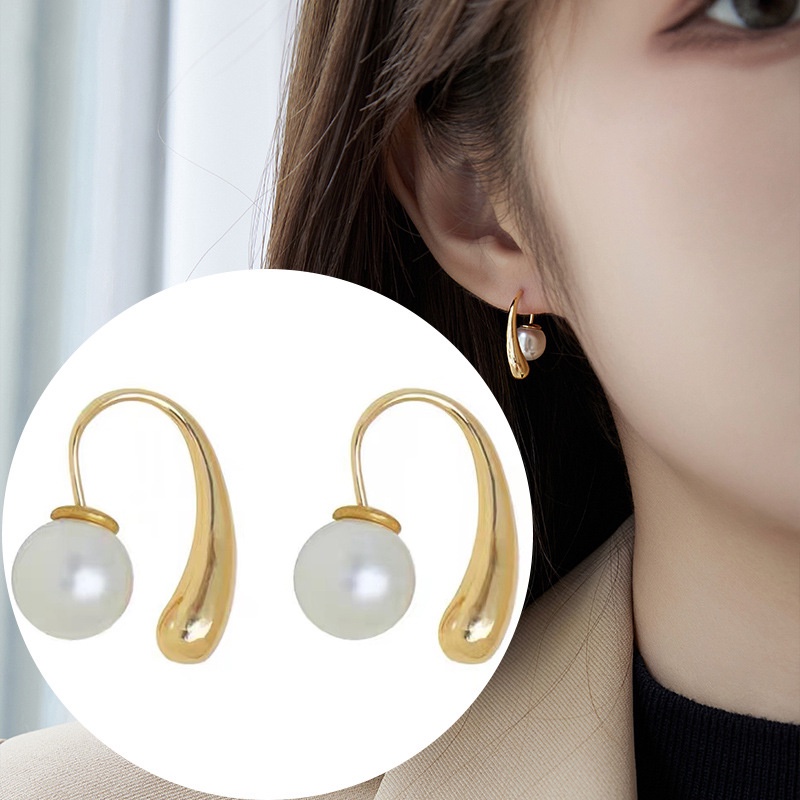 Ins Style Anting Mutiara Elegan/Gadis Manis Pesta Minimalis Tetesan Air Telinga Perhiasan Aksesoris