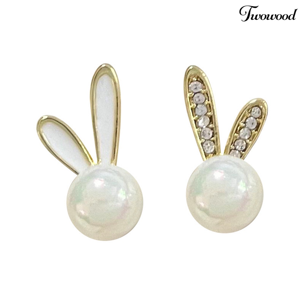 Twowood 1pasang Ear Studs Berlian Imitasi Bertatahkan Dainty Hadiah Hari Valentine High Gloss Faux Pearl Rabbit Kelinci Wanita Anting Perhiasan Fashion