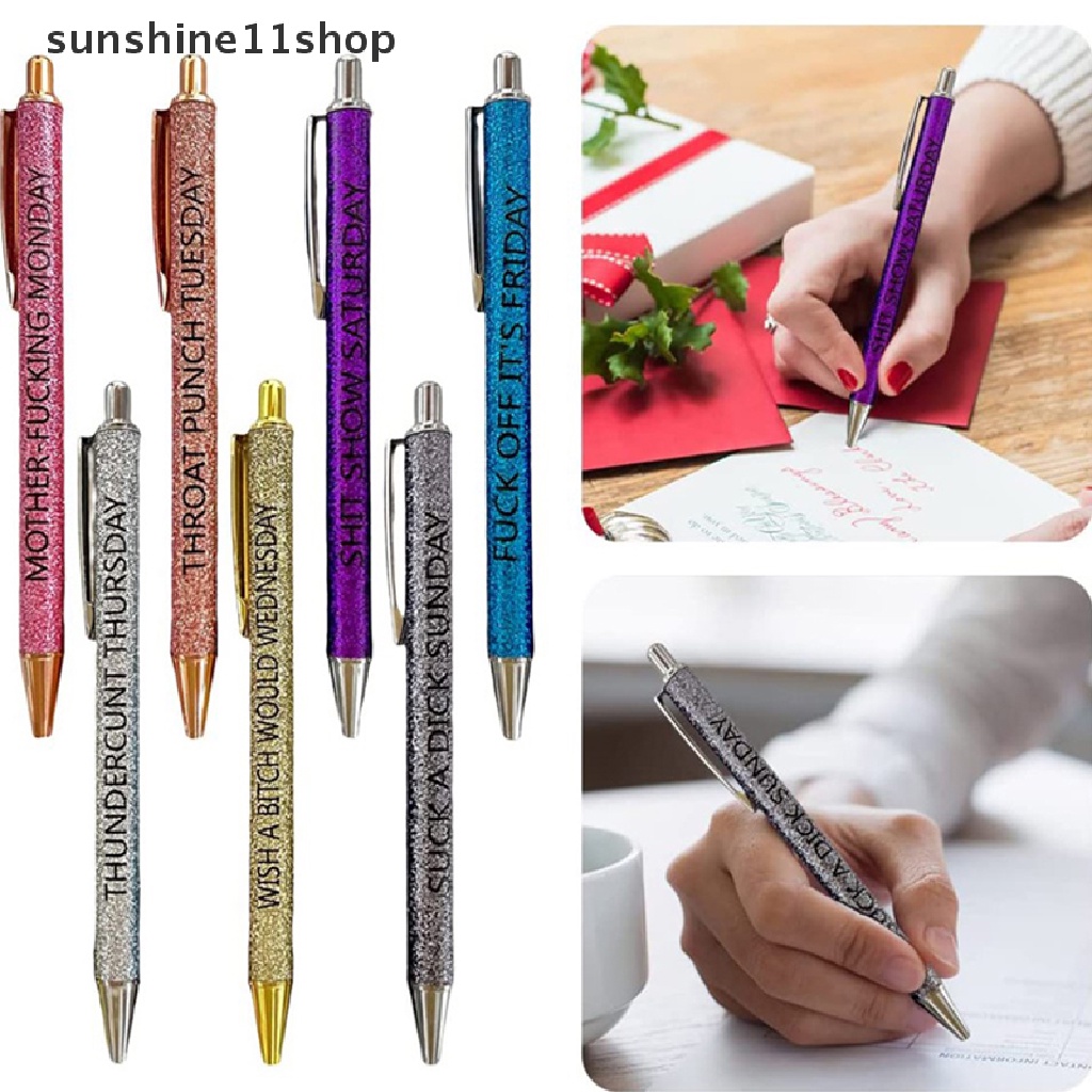 Sho 7pcs Pulpen Ballpoint Lucu Novelty Daily Pen Set, Gifta Kantor Ofensif, Weekday Vibes Glitter Pen Set N