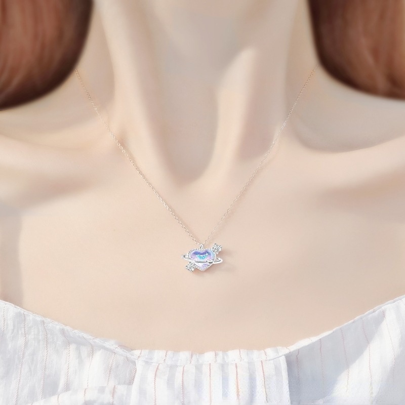 Korea Cinta Biru Moonlight Batu Kalung Sederhana Ins Gaya Wanita Tulang Selangka Rantai Titanium Steel Necklace