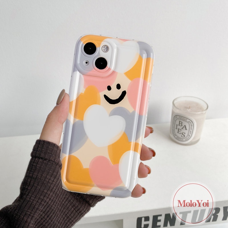 IPHONE Kartun Smiley Case Warna-Warni Cinta Hati Kompatibel Untuk Iphone11 14 13 12 Pro MAX XR 6 6S 78 Plus X XS MAX Shockproof Airbag Lembut TPU Silicon Back Cover