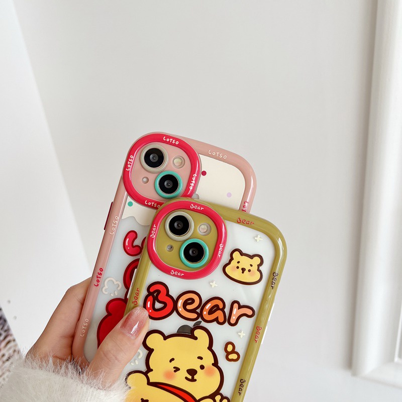 Cute Bears Puff Casing HP iPhone 11 12 13 14 Pro Max14 Plus Hadiah Teman Pink Lucu Wanita Soft Casing Cover Winnie Strawberry Bear