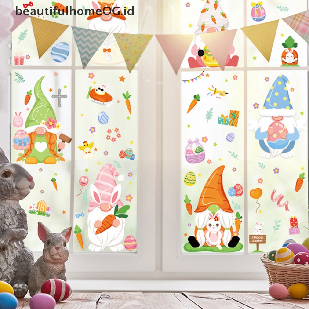 // Beautifulhomeog.id// 1Pc Stiker Jendela Kaca Happy Easter Colorful Bunny Eggs Wall Stickers 20x30cm **