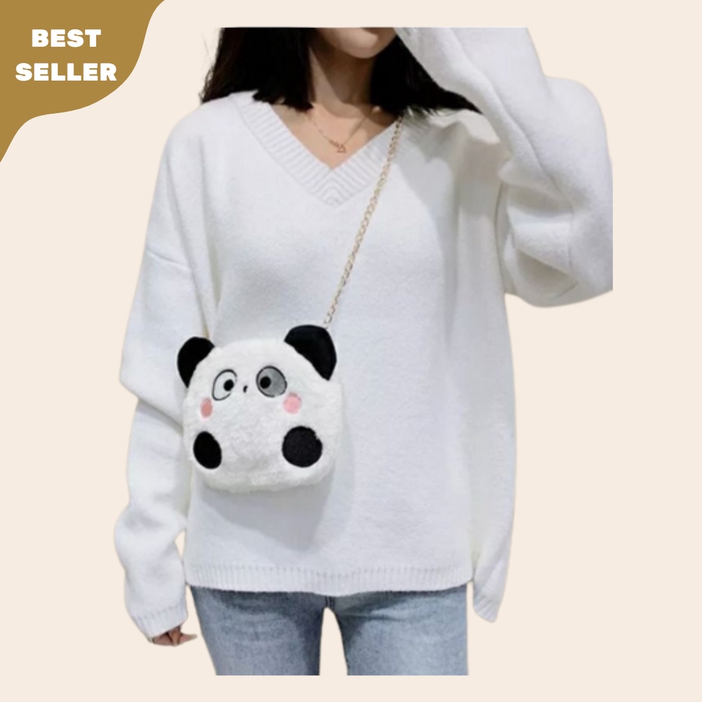 Tas Wanita Tas Selempang Wanita Boneka Panda Tas bulu selempang bahu boneka kepala Panda