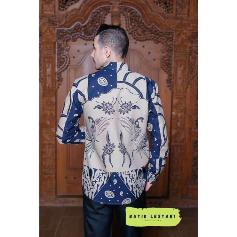 PARIKESIT BIRU Kemeja Batik Pria Slimfit Lengan Panjang Lapis Furing Katun Halus Premium Modern Sragenan