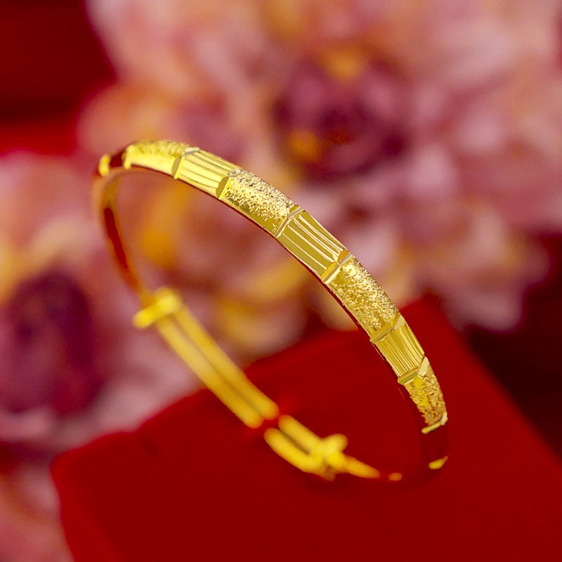 Goldkingdom Fashion Perhiasan Emas Asli Kadar 375Bangkok Aksesoris Ready Stock Wanita Tembaga Murni Gilt Vintage Bambu Matte Gelang Push-pull Gelang Dari Gas Mulia