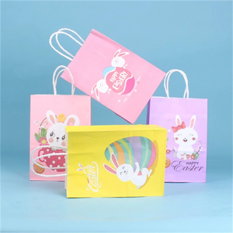 [Harga Grosir] 1PC Happy Easter Bunny Paper Bags Kraft Bags with Handle Telur Kelinci Lucu Warna Warni Kekinian Packaging Bag Souvenir Pesta