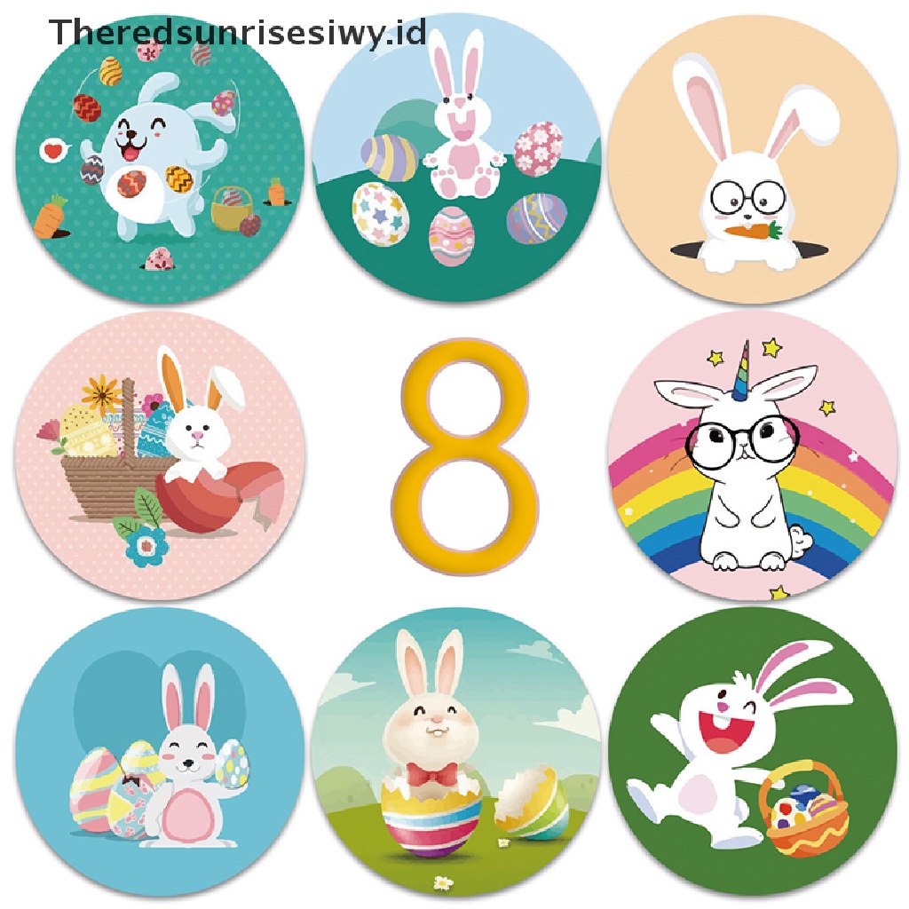 # Baju Lebaran # 500pcs/roll Stiker Bulat Kelinci Bunny Happy Easter Untuk Tas Hadiah~