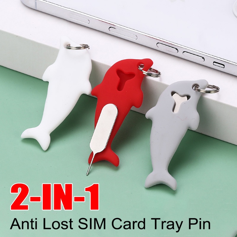 2in1 Pin Kartu SIM Anti Hilang Dengan Tempat Penyimpanan Silikon Berbentuk Lumba Lumba Kartu Memori Ponsel Tray Ejecter Alat