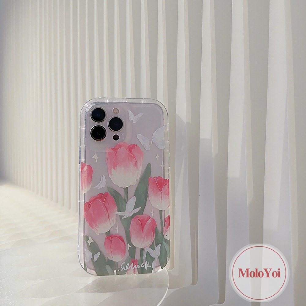 IPHONE Airbag Case Kompatibel Untuk Iphone14 11 6 6S 7 8 Plus 13 12 Pro MAX XR X XS MAX Fashion Segar Musim Semi Bunga Tulip Kupu-Kupu Shockproof Lembut TPU Phone Case