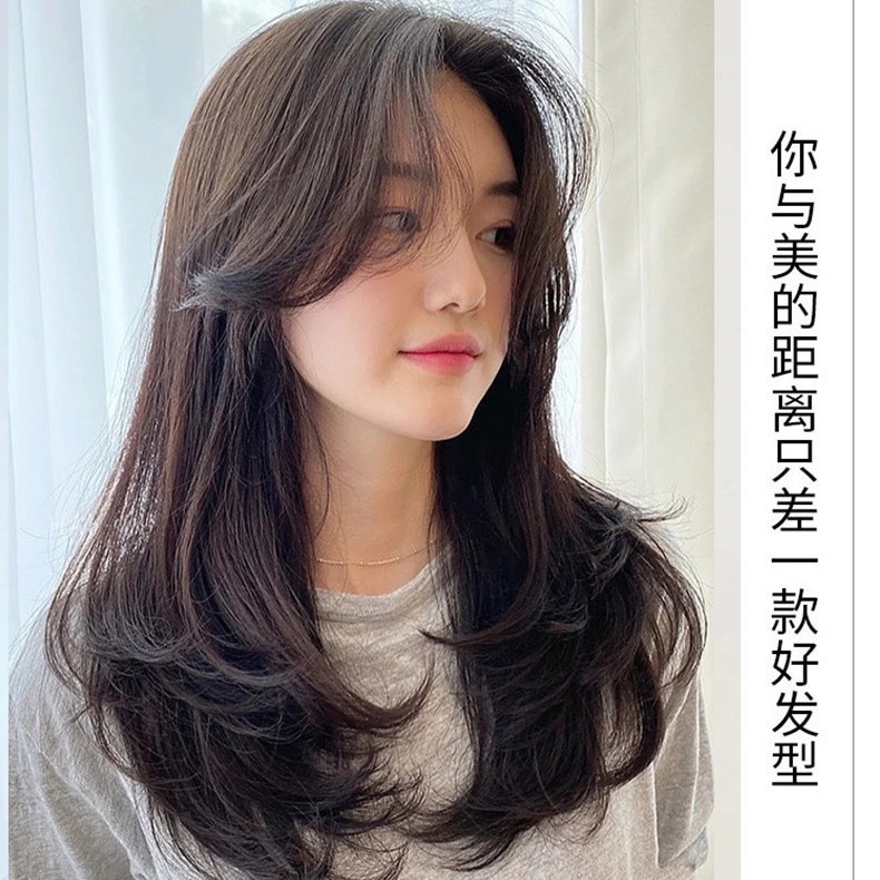 Set lengkap wig, rambut panjang wanita, penutup kepala penuh, rambut keriting panjang, temperamen selebriti bersih, poni sosok delapan, rambut manusia asli, penutup wig