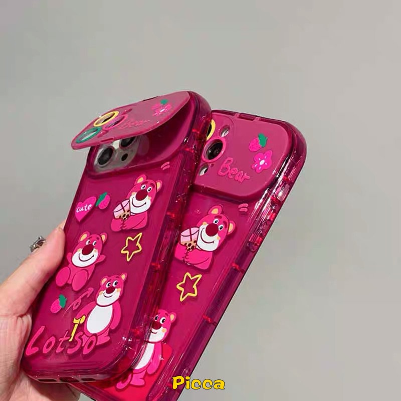 IPHONE Rose Red Cute Kartun Manyo Strawberry Bear Phone Case Kompatibel Untuk Iphone14 Pro Max7 8 14 Plus XR 11 13 12 14 Pro MAX X XS MAX SE Kreatif Flip Make Up Cermin Lembut TPU Case