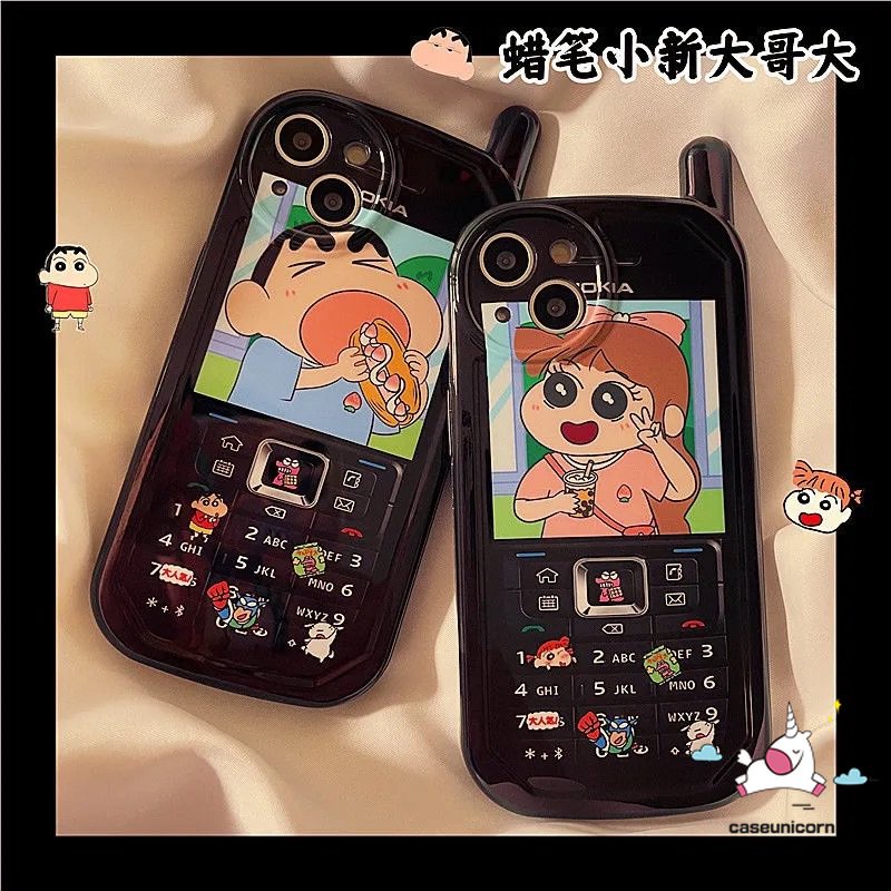 IPHONE Casing Ponsel Pasangan Kreatif Kompatibel Untuk Iphone11 14 12 13 Pro MAX Xr7 8 Plus X XS MAX Kartun Crayon Shin-chan Sakurada Nene Kepribadian Retro Bentuk Ponsel Seluler Soft Cover