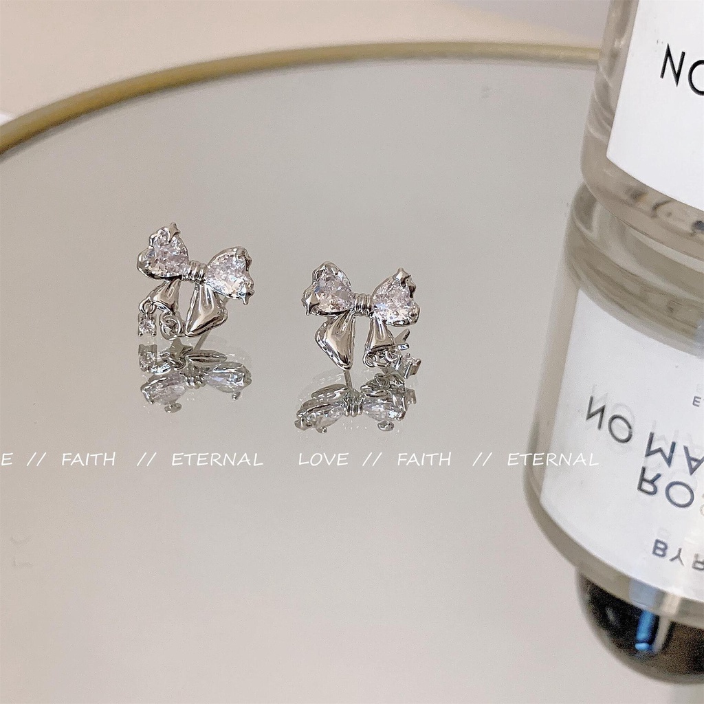 Anting Tusuk Kristal Silver Korea Lucu Bow Earring Untuk Aksesoris Perhiasan Wanita