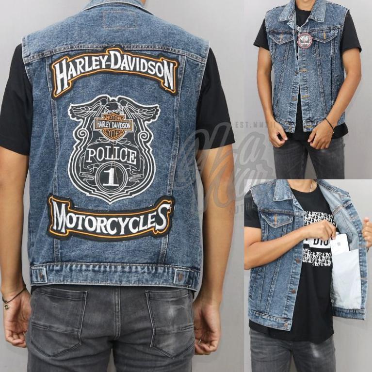[ART. 010230] Jaket Jeans Rompi Sandwash Bikers /Jaket Denim HarleyDavidson Motorcycles Pria dan Wan