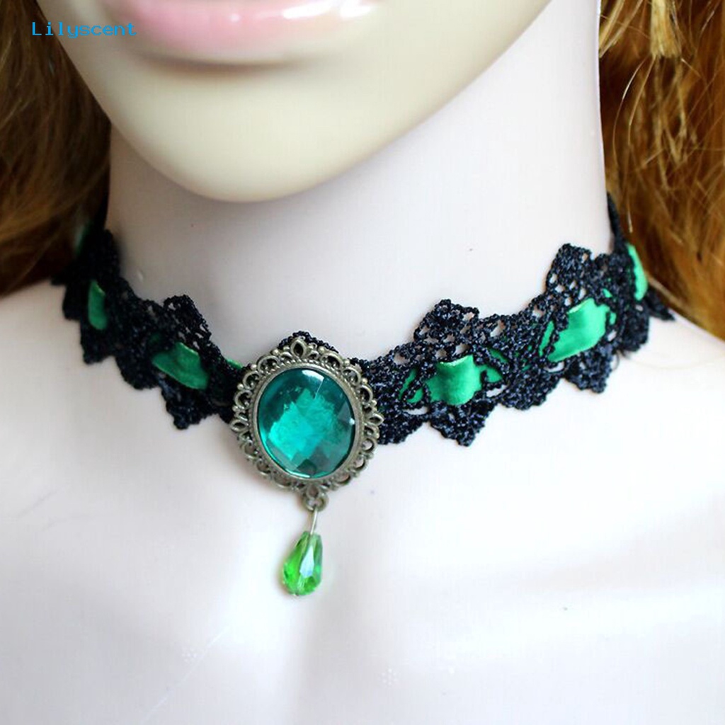 [LS] Wanita Choker Gothic Vintage Braided Aesthetic Dengan Faux Gemstone Dress Up Hadiah Wanita Punk Jahitan Renda Klavikula Kalung Perhiasan Trendi