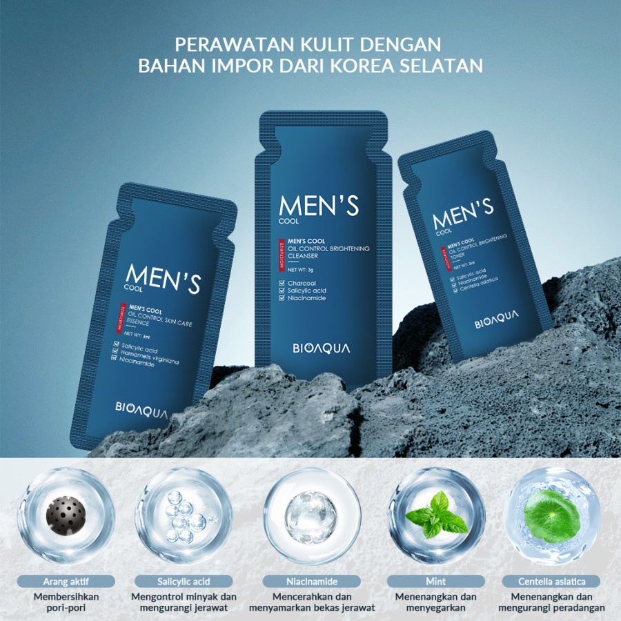 ✨ AKU MURAH ✨ BIOAQUA Men's Cool Travel SkinCare Set With Cleanser/Toner/Essence [ SACHET ]