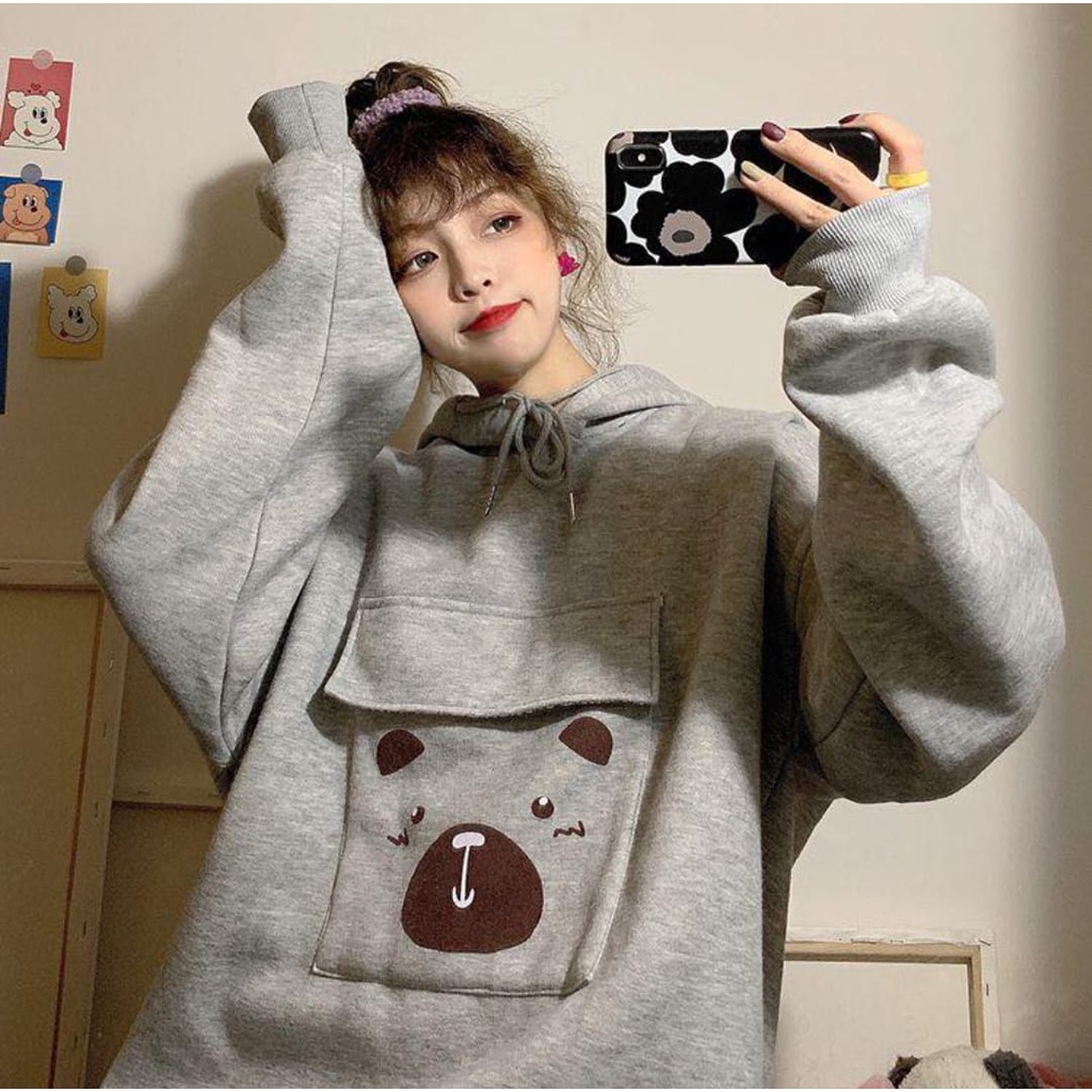 POCKET BEAR HOODIE SWEATER WANITA KOREAN STYLE - TERBARU