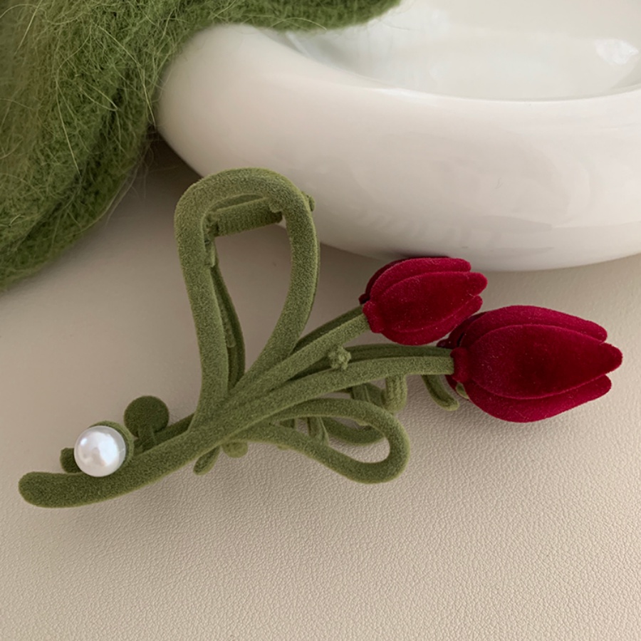 Korea Vintage Merah Beludru Tulip Jepit Rambut Gadis Manis Mutiara Hair Clip Woman Aksesoris Rambut